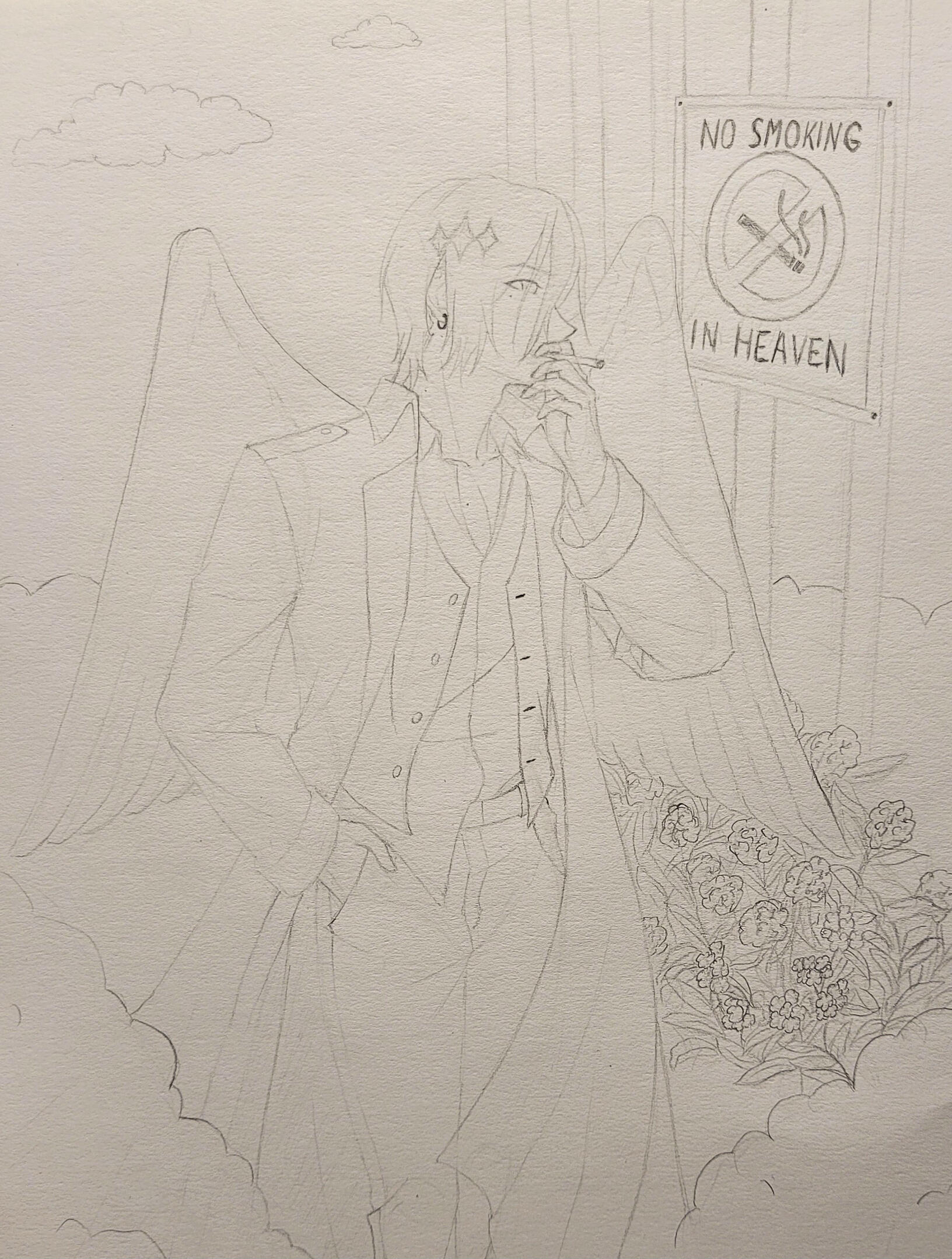 sketch of angel yohei smoking in heaven